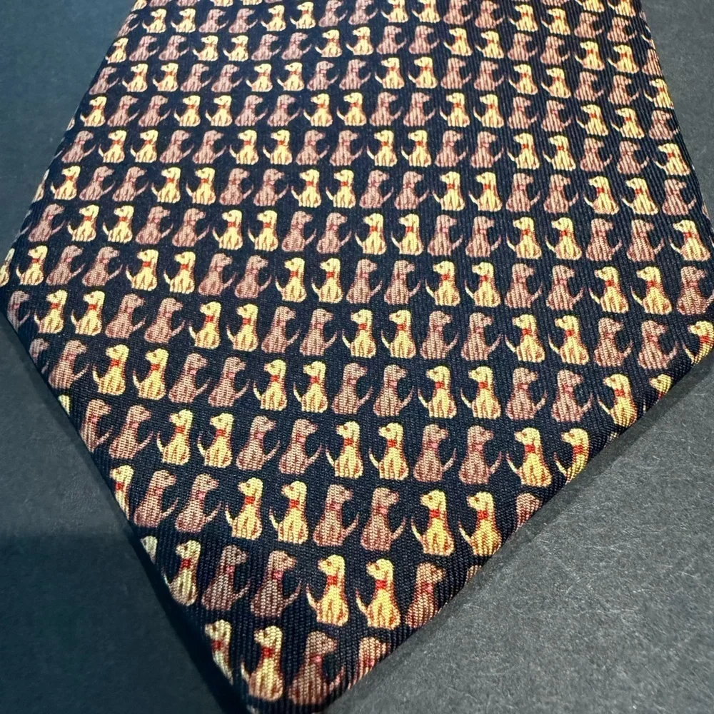 Salvatore Ferragamo Black and Gold Patterned Tie with dogs